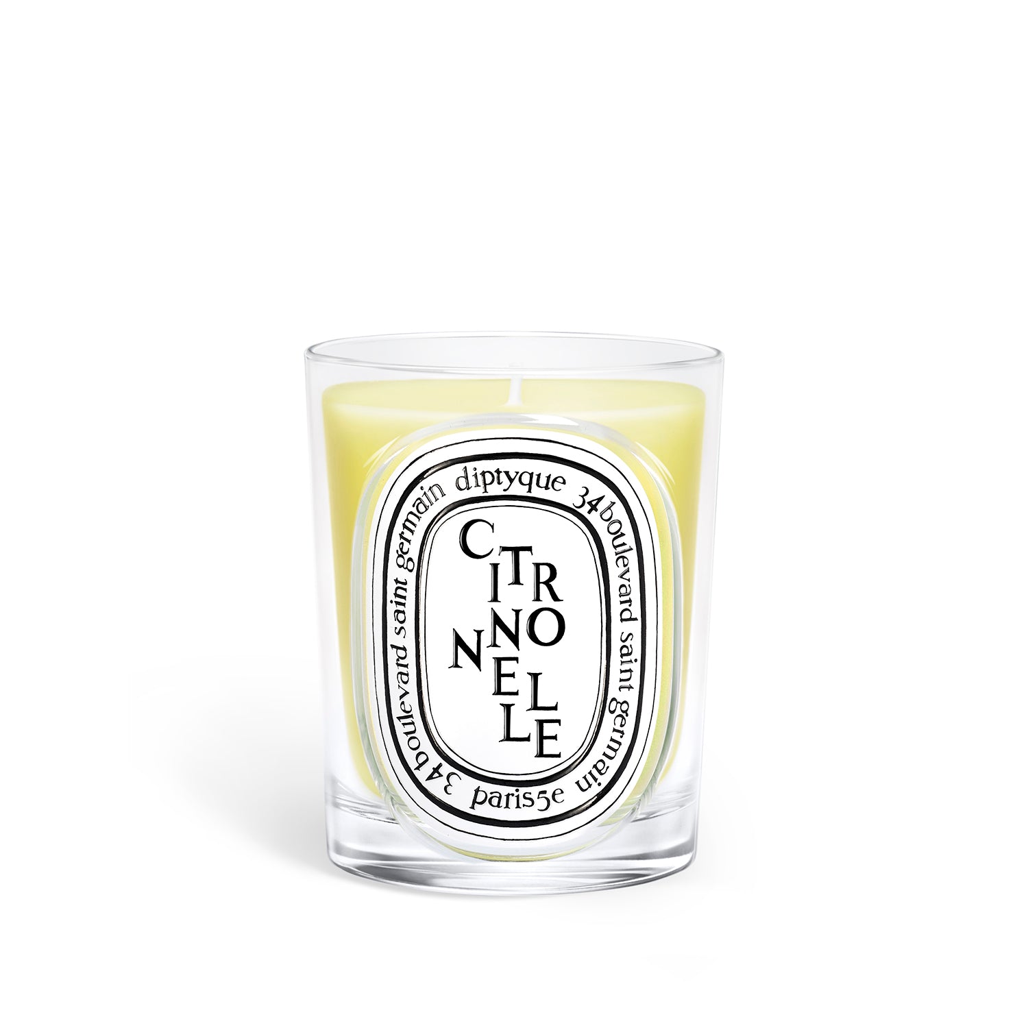 Diptyque Citronnelle Candle in a glass container, featuring a citrus scent for fresh summer evenings.